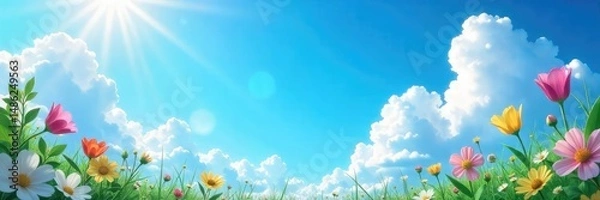 Fototapeta A vibrant summer scene featuring a cloudless blue sky and bright sunshine Perfect for travel, vacation, or weather-related projects Ideal for backgrounds and design elements , vibrant, color, clear