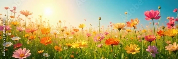 Fototapeta A vibrant sunlit field of wildflowers swaying gently in the breeze, radiating joy and serenity Perfect for concepts of peace, contentment, and well-being , contentment, pastoral