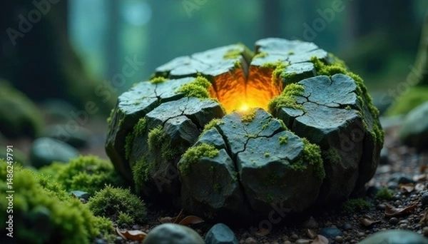 Fototapeta A weathered, moss-covered stone, imbued with an ancient, monstrous energy; cracks reveal glowing inner light Perfect for fantasy, horror, or mystical themes , elemental stone, cursed stone