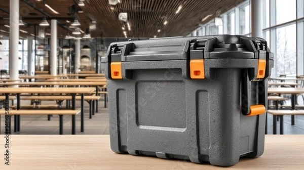 Fototapeta Durable Plastic Storage Container on Wooden Table in Cafeteria Setting