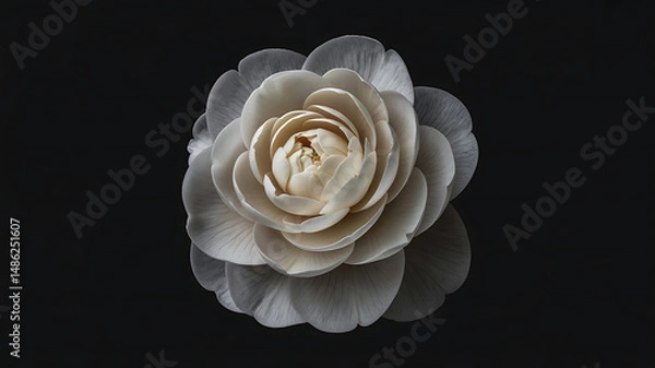 Fototapeta Single camellia flower in grayscale with soft petal folds, realistic lighting, and subtle reflections on a pure black background

