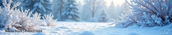 Fototapeta Frozen landscape blanketed in pristine snow, icy branches heavy with frost, winter wonderland scene A beautiful display of freezing temperatures and snowfall , winter, blizzard conditions