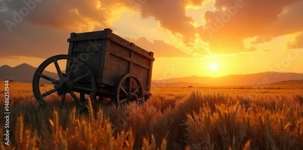 Obraz Ancient chariot overturned in a field of wheat, symbolic of a fallen empire and societal upheaval during a time of revolution The sun sets, casting long shadows , decline, conflict