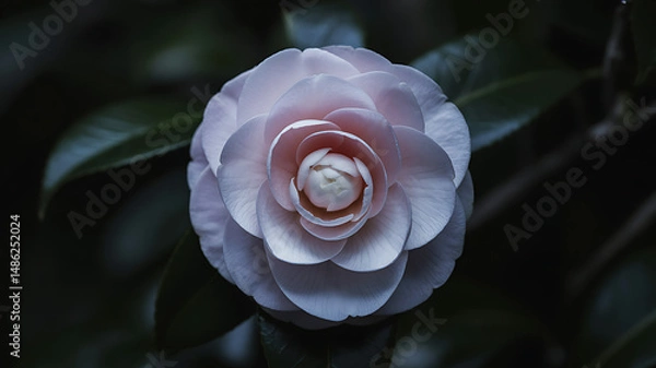Fototapeta Single camellia flower in grayscale with soft petal folds, realistic lighting, and subtle reflections on a pure black background

