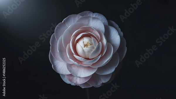 Fototapeta Single camellia flower in grayscale with soft petal folds, realistic lighting, and subtle reflections on a pure black background


