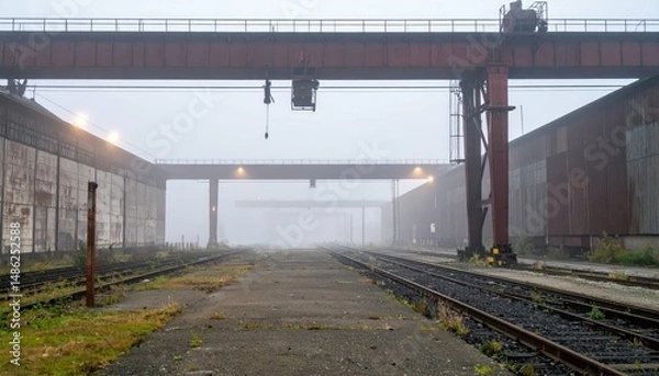 Fototapeta Foggy Industrial Shipping Depot with Rusty Infrastructure at Dusk