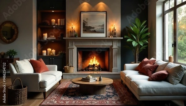 Fototapeta Cozy living room fireplace scene with soft lighting and comfortable seating, perfect for relaxation and tranquility , ambient light, relaxing