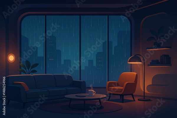 Fototapeta Cozy Futuristic Living Room at Night with Rainy City View Background Animation Loop for Stream Overlay