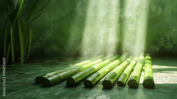 Fototapeta Bamboo sticks lying on green floor with sun rays through misty air in forest room.