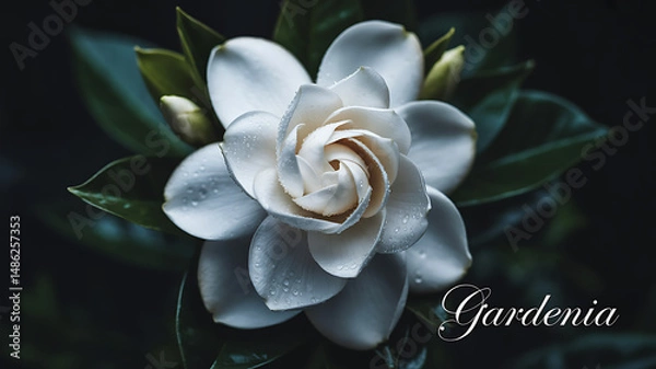 Fototapeta Realistic white gardenia in full bloom with dewy petals on a black background, minimal artistic botanical portrait

