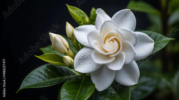Fototapeta Realistic white gardenia in full bloom with dewy petals on a black background, minimal artistic botanical portrait

