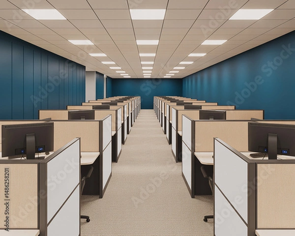 Obraz Modern and spacious office interior design with rows of cubicles and teal walls