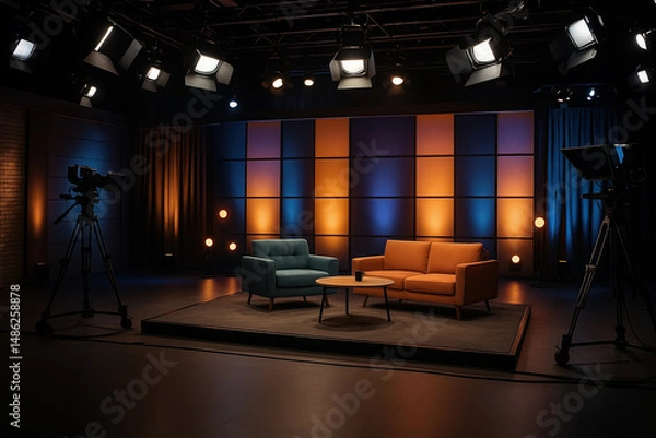 Fototapeta Modern TV Studio Set with Vibrant Lighting for Talk Show or Variety Program Filming, Featuring Contemporary Furniture and Professional Equipment in a Dynamic and Captivating Setup