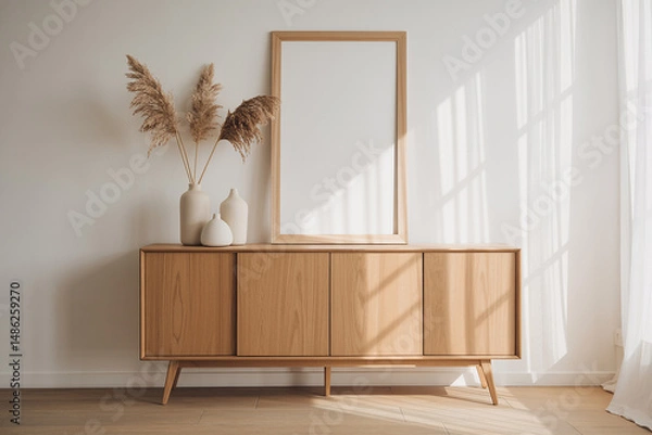 Obraz Modern Light Wood Sideboard with Pampas Grass and Blank Frame in a Sunny Room