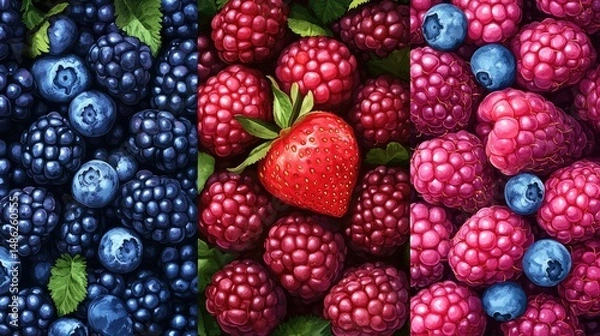Obraz A vibrant illustration featuring three sections of assorted fruits: on the left, a whole strawberry with green leaves,