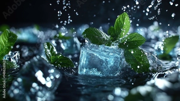 Obraz A close-up image featuring fresh green mint leaves intertwined with ice cubes,