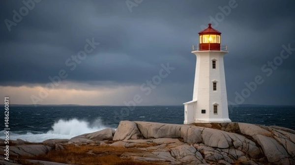 Fototapeta A glowing beacon tower stands firm against crashing waves, its light cutting through the stormy night sky, symbolizing hope and direction amidst chaos