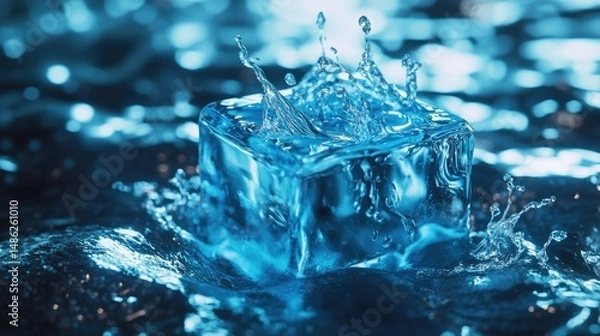 Fototapeta A melting ice cube sits on a smooth, reflective surface, surrounded by droplets of water.