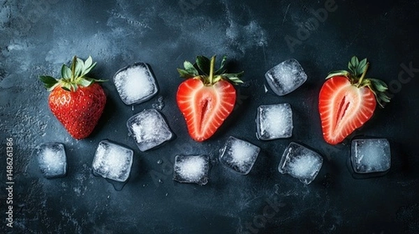 Obraz Three fresh strawberries partially immersed in clear ice cubes,