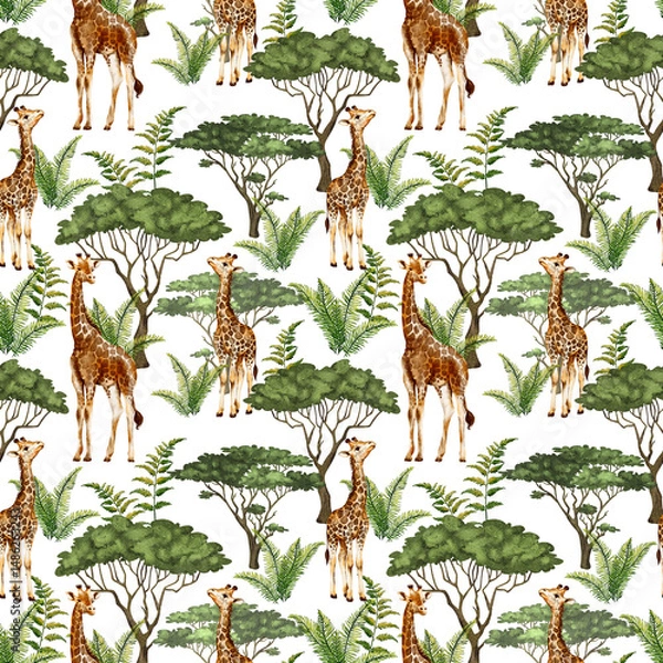 Fototapeta Tropical seamless pattern with tropical leaves, giraffes and trees. Summer jungle background. Watercolor pattern with giraffes