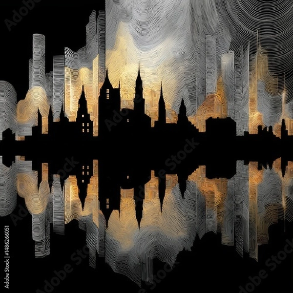 Fototapeta Illustration of a city skyline with building silhouettes and their reflection, in finely patterned blue-gray, orange, yellow and black