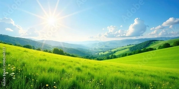 Fototapeta Serene landscape featuring a sun-drenched meadow, rolling hills, and a clear blue sky Perfect for nature-themed projects, travel brochures, or calming backgrounds , field, planet
