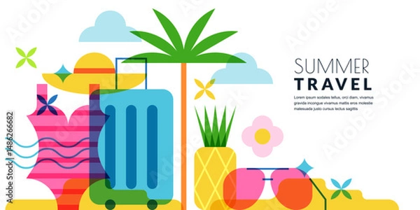 Fototapeta Summer travel banner poster design elements. Suitcase, palm, swimsuit, sunglasses on beach. Vector illustration