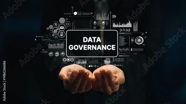 Fototapeta Hands Holding Data Governance Concept with Digital Charts and Graphs on Dark Background for Business Analysis and Management. Asymptotic smart data analytic.