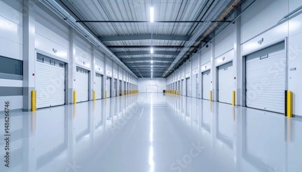 Fototapeta Sterile Storage Facility with Loading Docks and Reflective Floor