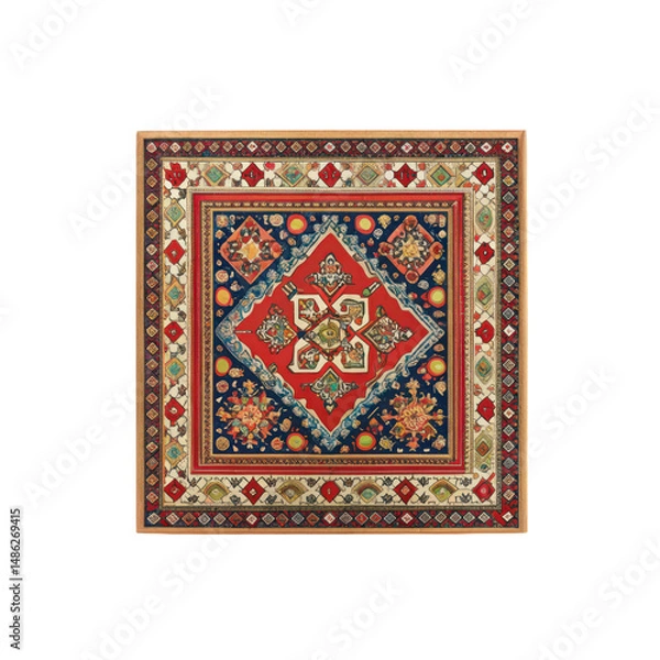 Fototapeta Traditional carpet design featuring intricate patterns and vibrant colors, showcasing floral motifs and geometric shapes