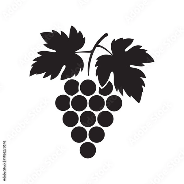Fototapeta Black grape cluster silhouette with leaves in a minimalist vector style, simple design representing freshness and natural food