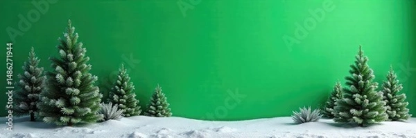 Obraz Serene winter landscape, lush green evergreen trees covered in a light dusting of snow against a vibrant green background Perfect for holiday or nature themes , color, evergreen, january