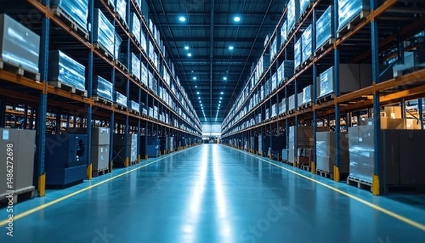 Fototapeta Vast Warehouse Racking System under Cool Ambient Lighting