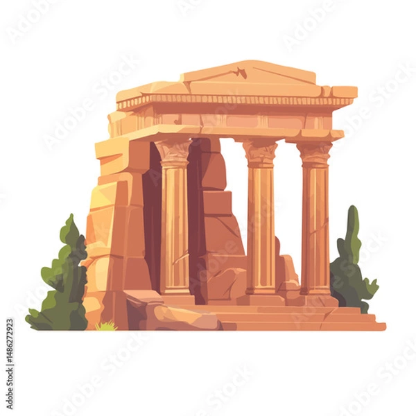 Obraz 2D flat Ancient Temple Ruins vector illustration, isolated on a white background.