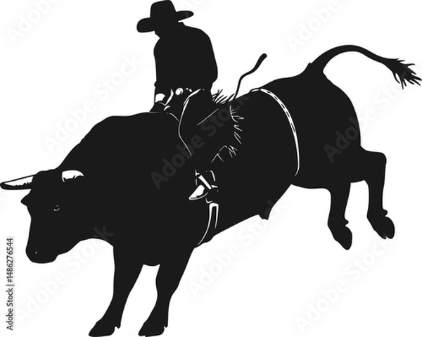 Obraz Vector silhouettes of a rodeo cowboy riding a bucking bull.
