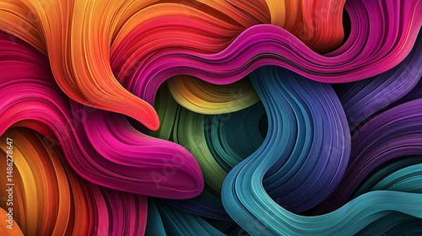 Obraz Abstract Color Lines with a Gradient on a Black Background. Vector Curved Shapes - Graphic Elements for Pattern Design and Posters. 3D Wave Doodle Ribbons 