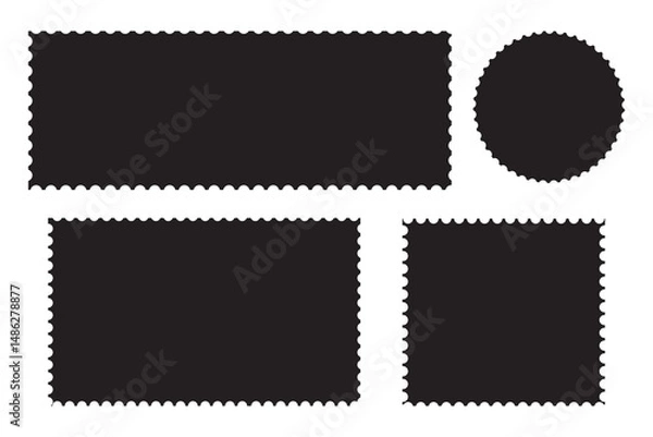 Obraz Set of postage stamps. Post stamp frame and border. Grey square and rectangular template for mail, postcard, letter. Jagged wavy edge forms. Vintage objects for poster, banner, badge, sticker. Vector