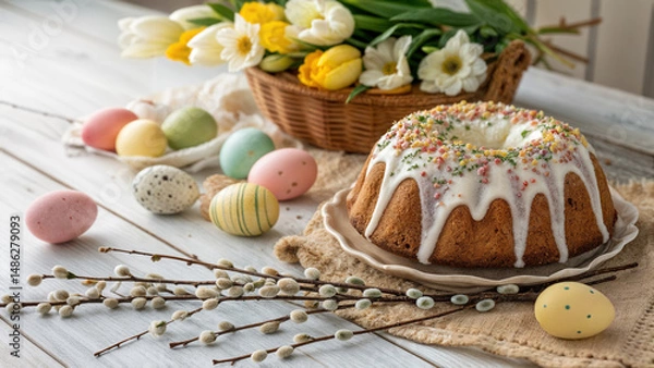Obraz Easter cake with Easter eggs and spring flowers on white wooden background