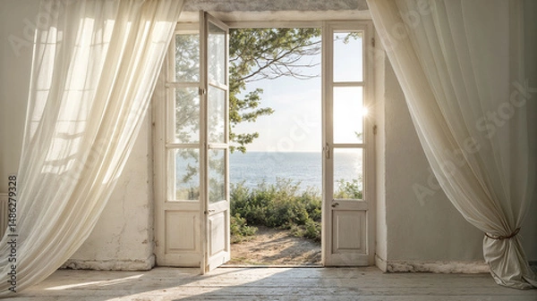 Obraz View of the sea through the window of an old house in Greece