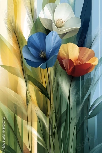 Fototapeta Stylized closeup illustration of plants and flowers in mid-summer, in blue, green and red-orange