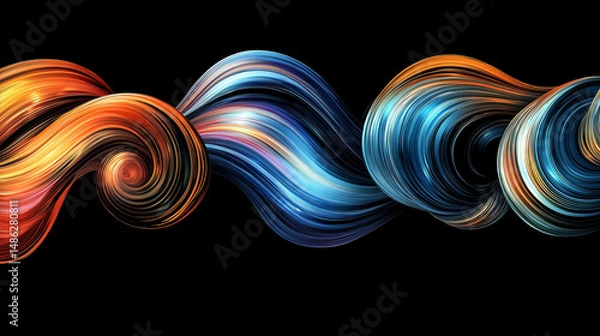 Fototapeta Abstract Color Lines with a Gradient on a Black Background. Vector Curved Shapes - Graphic Elements for Pattern Design and Posters. 3D Wave Doodle Ribbons 