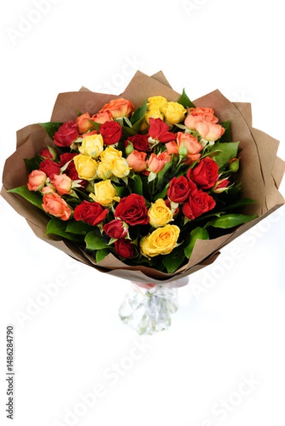 Obraz A beautiful bouquet of multi-colored roses packed in brown thick paper on a white background.