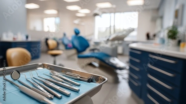 Obraz Close-up view of a neatly arranged dental toolset on a tray, showcasing essential instruments in a contemporary dental office setting with a chair behind