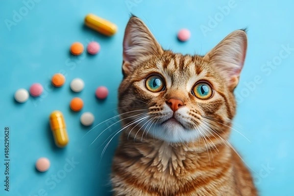 Fototapeta Curious Tabby Cat Surrounded by Colorful Pills on Blue Background for Veterinary Concept