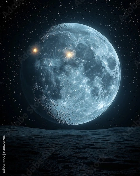 Fototapeta Lunar night concept showing Earth glowing Moons sky casting light Earth Heating the Moon Thermal glow render Concept art Telephoto lens