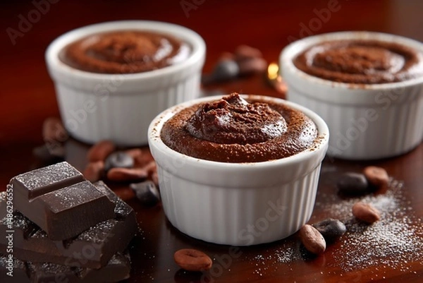 Fototapeta Chocolate dessert served in ramekins on a table with cocoa beans and dark chocolate