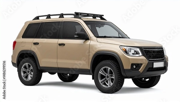 Fototapeta Side View Mockup of a Tan Off-Road SUV on White Background