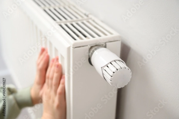 Fototapeta Close-up of small child’s hands warming on white home radiator. Winter heating, indoor comfort, safe temperature control, family energy use, cozy atmosphere and home warmth concept.