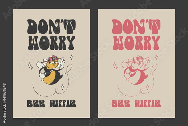 Obraz groovy hippie 70s poster with a cartoon bee character, vector illustration