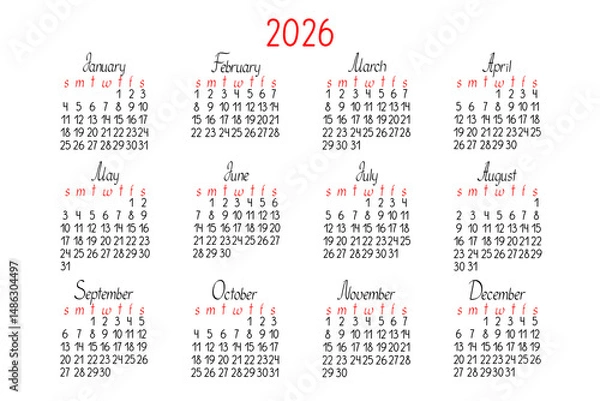 Obraz Annual calendar template for the year 2026 in simple minimalist style, twelve months, week starts on Sunday, vector printable page horizontal landscape orientation
